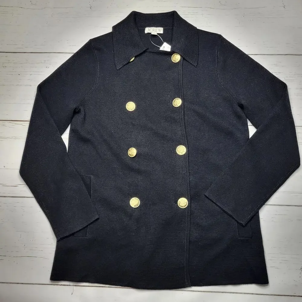 J. Crew Warwick Sweater Blazer Black Gold Button Double Breasted Peacoat Wool XS